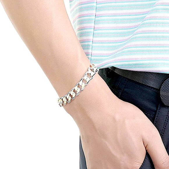 Cuban Chain Link Sterling Silver Gold Silver Unisex Bracelet - Picture 4 of 6